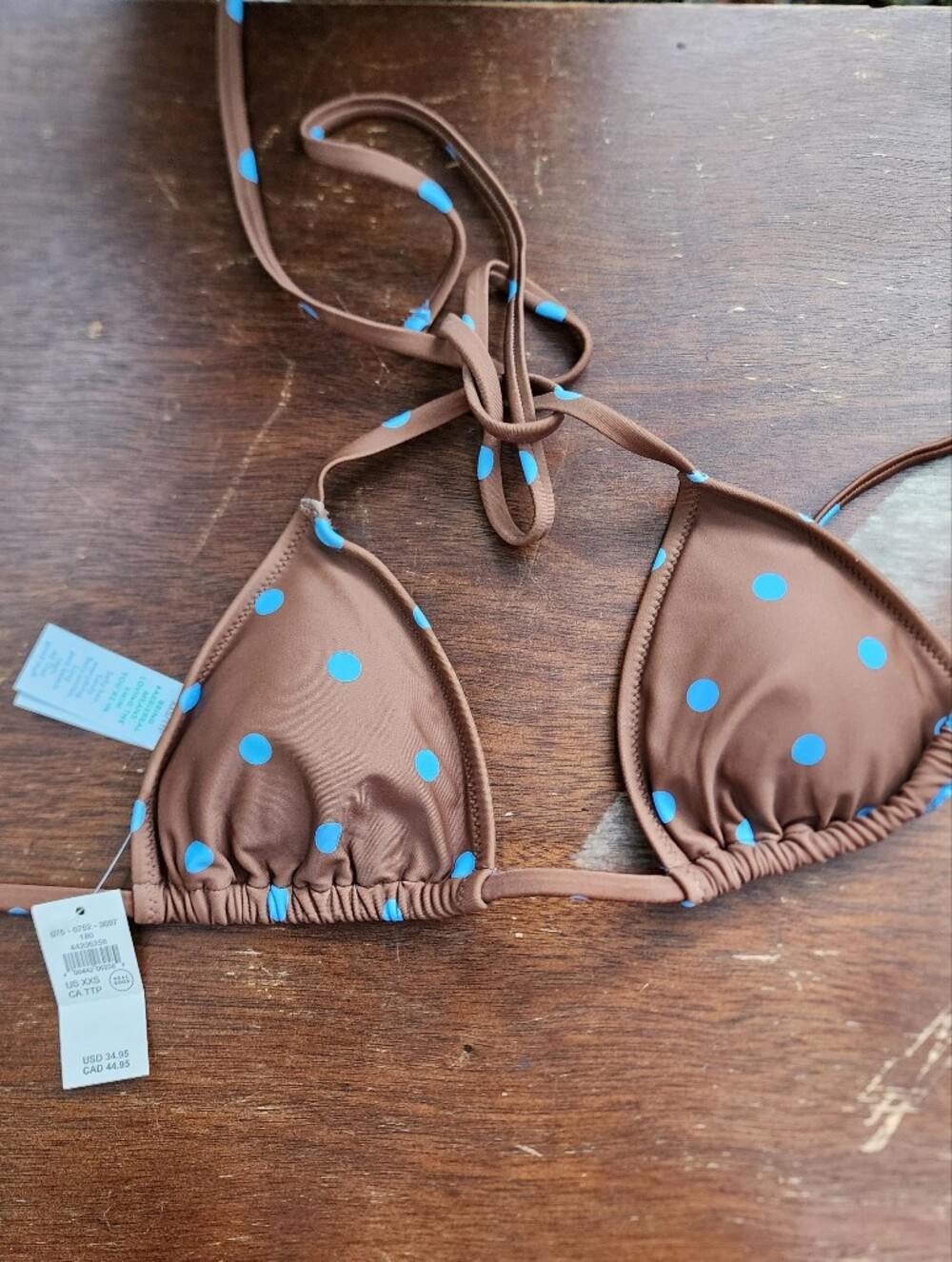 NWT Aerie Brown Blue Polka Dot String Triangle Bikini Top XXS
